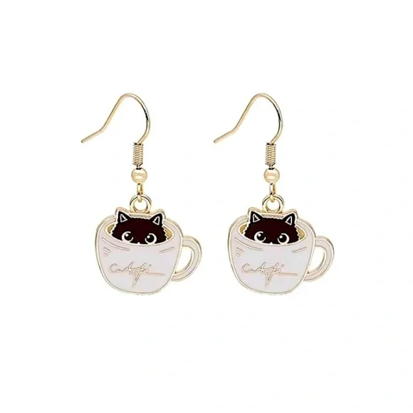 (3/$15) Cat in Coffee Cup Earrings - Picture 1 of 2